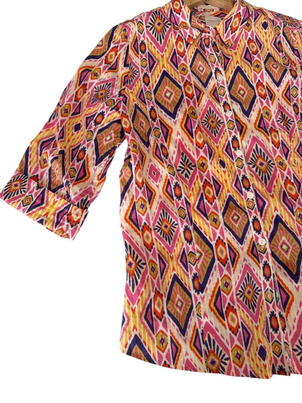 Chico's Multicolor Geometric Pattern Collared Linen Blouse Size Small - Picture 4 of 10